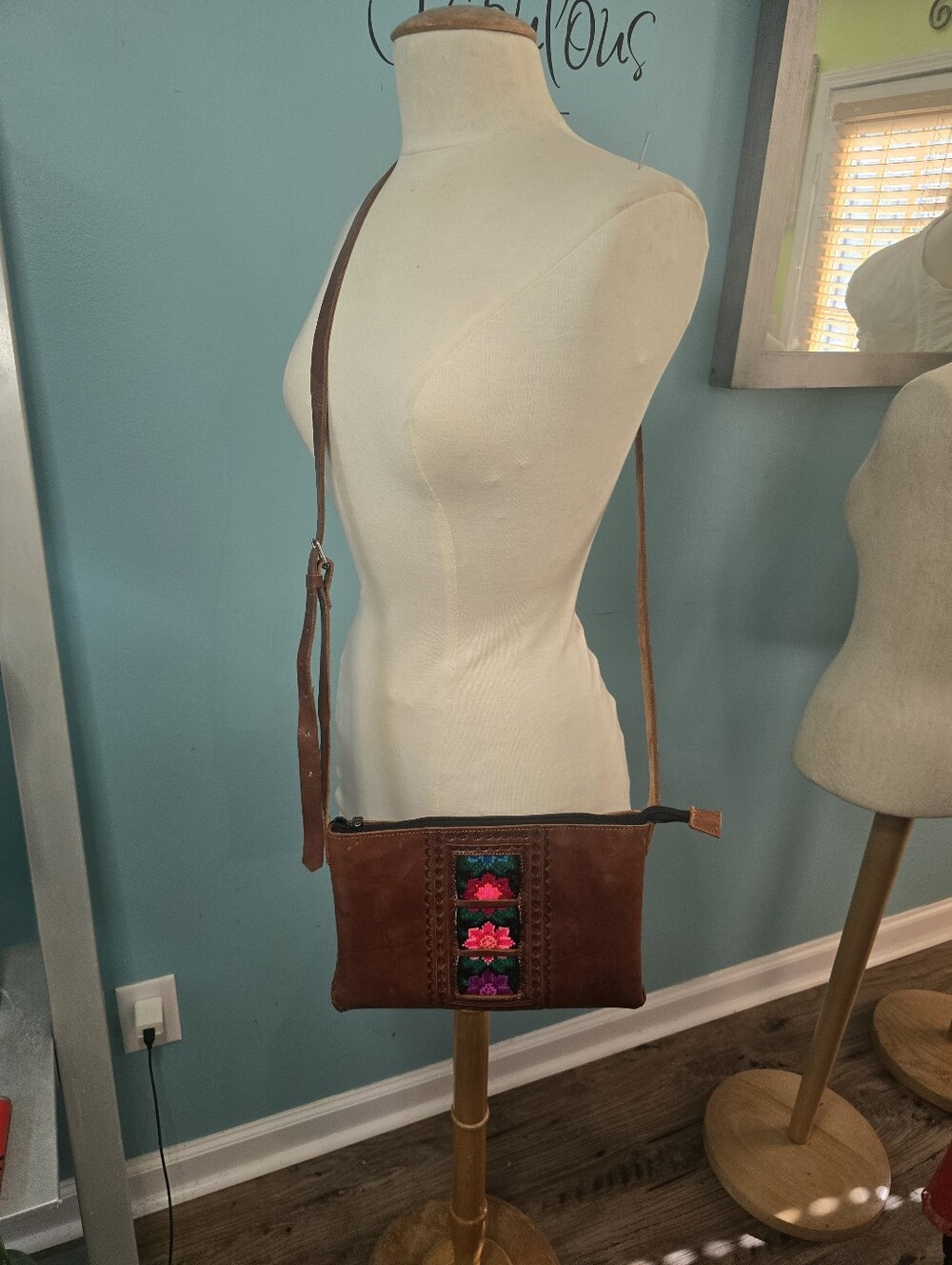 Handmade Tooled Leather Crossbody Bag with Embroidered Accent